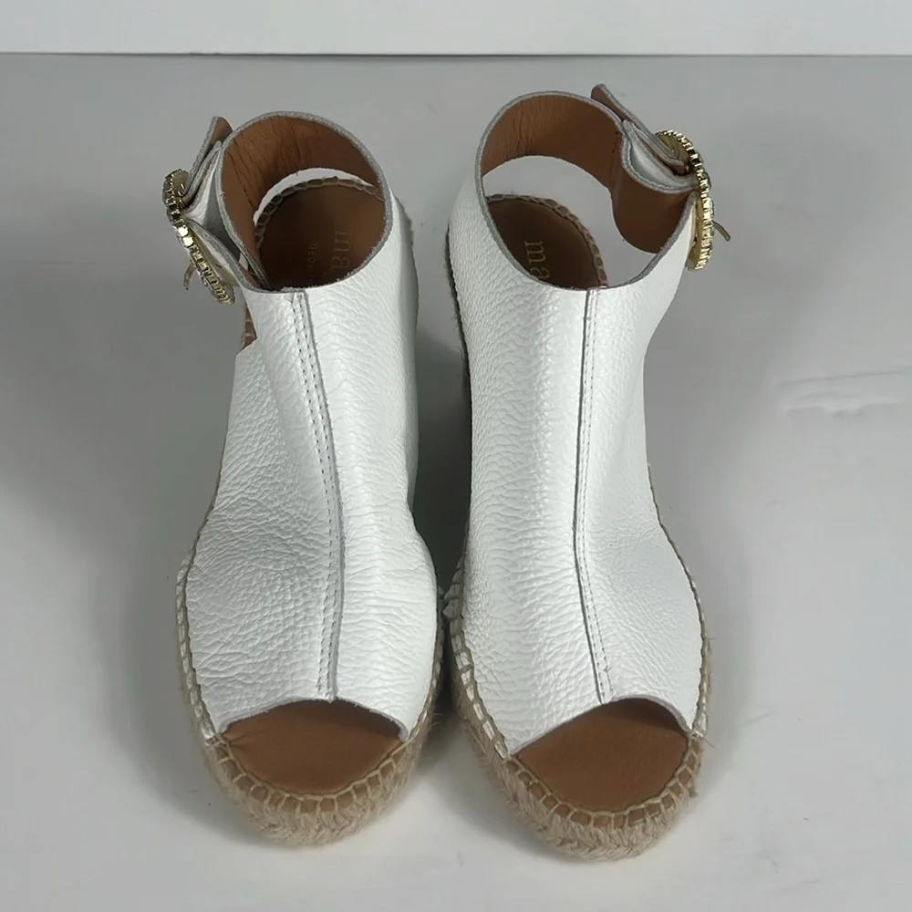 Maypol White Pebbled Leather Peep Toe Espadrille Wedge Rhinestone Buckle SZ 40 - Picture 5 of 10
